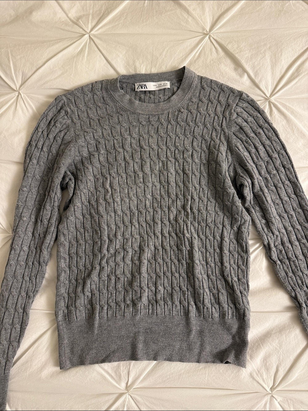 ZARA Gray Cable-Knit Crewneck Sweater